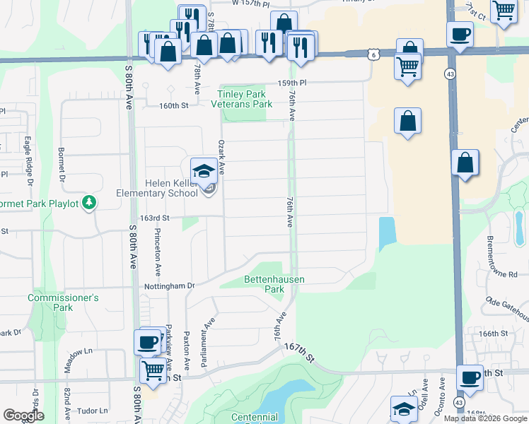 map of restaurants, bars, coffee shops, grocery stores, and more near 7632 163rd Street in Tinley Park