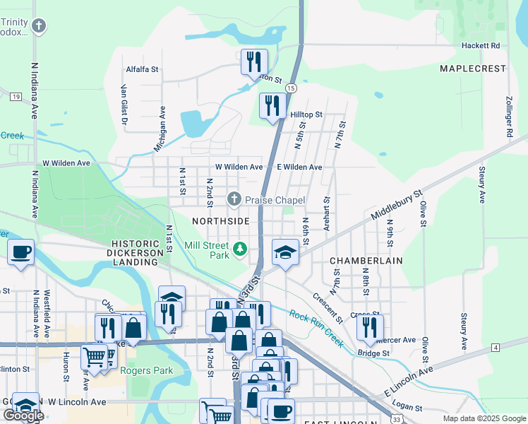map of restaurants, bars, coffee shops, grocery stores, and more near 632 North Main Street in Goshen