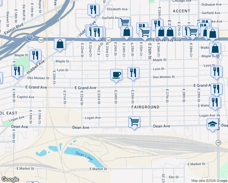 map of restaurants, bars, coffee shops, grocery stores, and more near 416 E 24th St in Des Moines