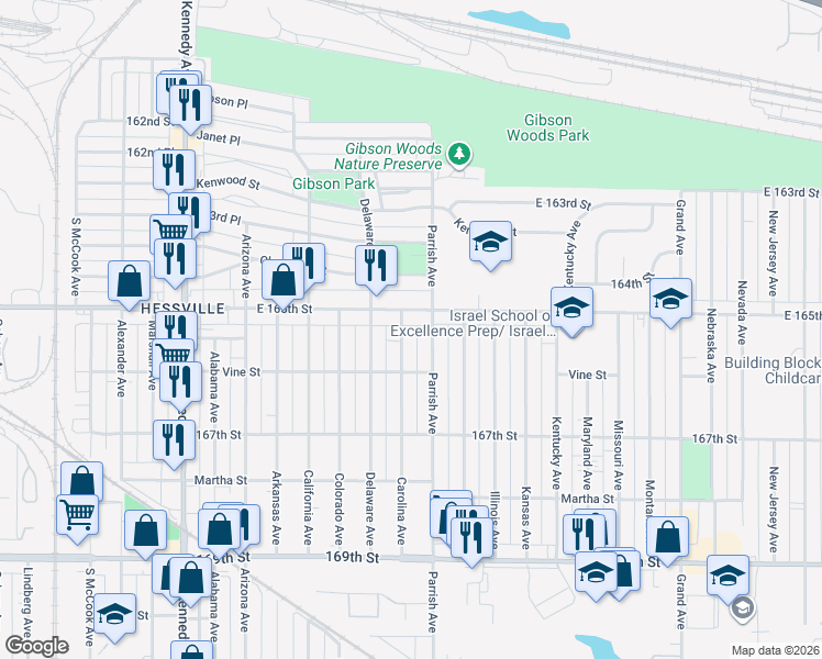 map of restaurants, bars, coffee shops, grocery stores, and more near 6517 Carolina Avenue in Hammond