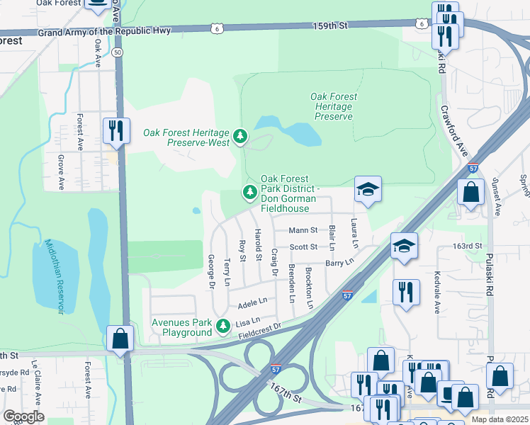 map of restaurants, bars, coffee shops, grocery stores, and more near 16408 Craig Drive in Oak Forest