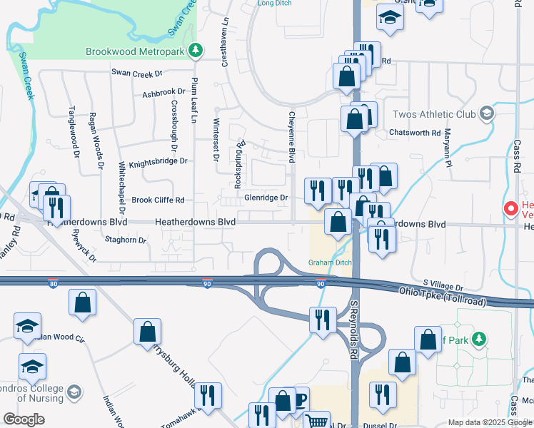map of restaurants, bars, coffee shops, grocery stores, and more near 5416 Heatherdowns Boulevard in Toledo