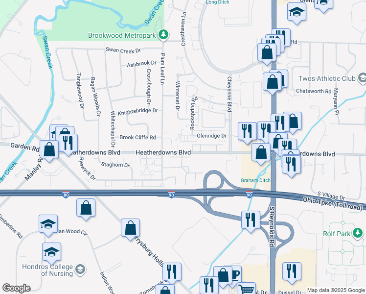 map of restaurants, bars, coffee shops, grocery stores, and more near 5520 Heatherdowns Boulevard in Toledo