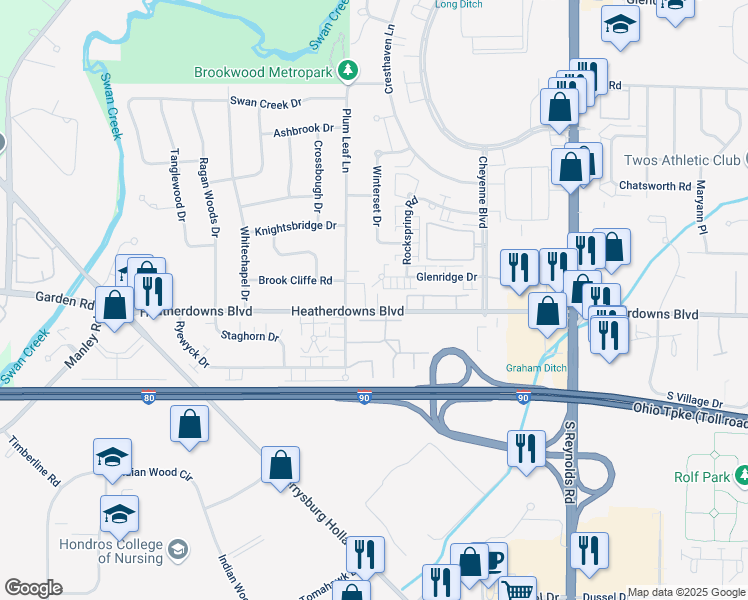 map of restaurants, bars, coffee shops, grocery stores, and more near 5520 Heatherdowns Boulevard in Toledo