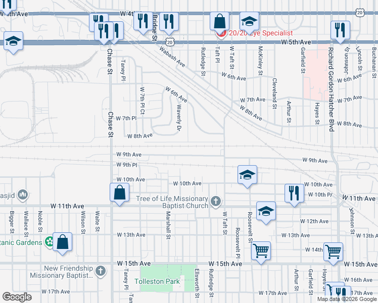 map of restaurants, bars, coffee shops, grocery stores, and more near 2524 West 9th Avenue in Gary