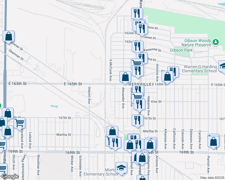 map of restaurants, bars, coffee shops, grocery stores, and more near 6519 South McCook Avenue in Hammond