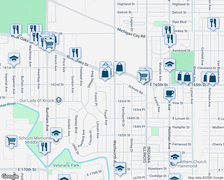 map of restaurants, bars, coffee shops, grocery stores, and more near 1365 Wentworth Avenue in Calumet City
