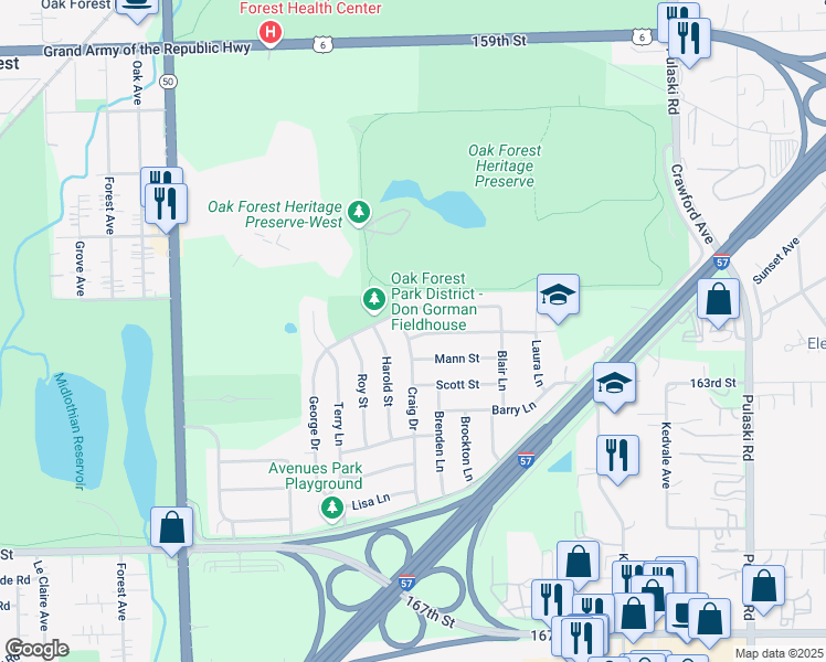 map of restaurants, bars, coffee shops, grocery stores, and more near 16408 Craig Drive in Oak Forest