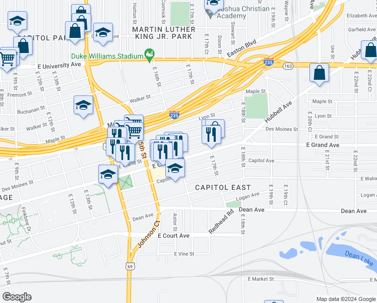 map of restaurants, bars, coffee shops, grocery stores, and more near 511 East 16th Street in Des Moines