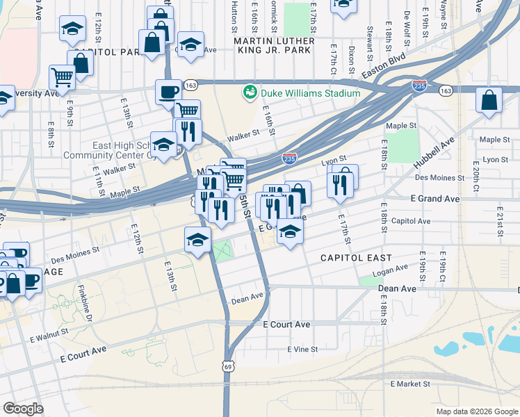 map of restaurants, bars, coffee shops, grocery stores, and more near 1501 Des Moines Street in Des Moines
