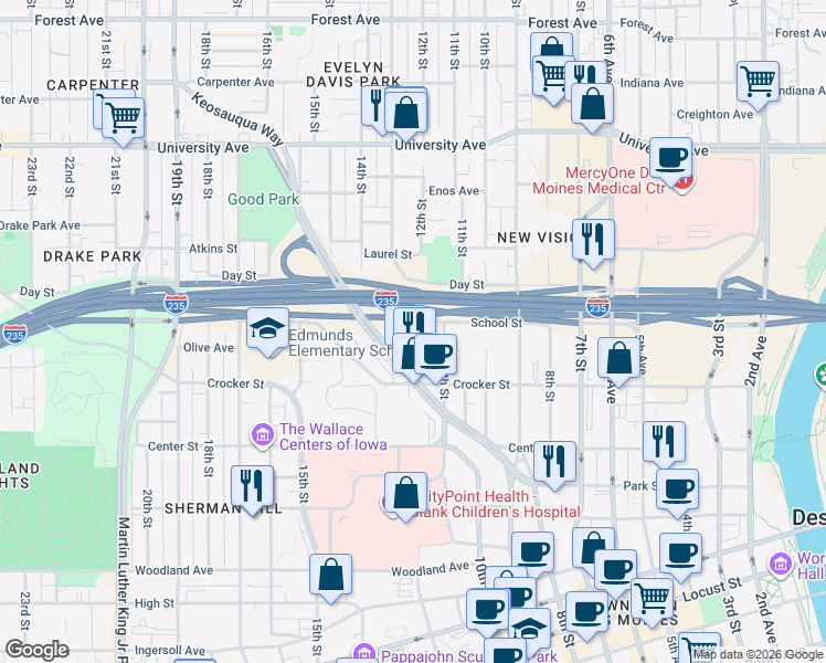 map of restaurants, bars, coffee shops, grocery stores, and more near 1212 School Street in Des Moines