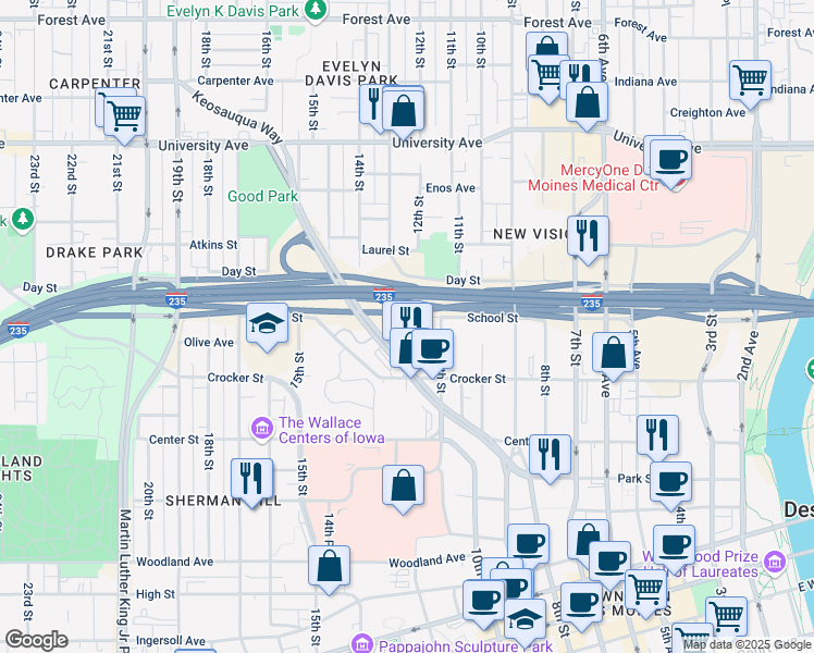 map of restaurants, bars, coffee shops, grocery stores, and more near 1212 School Street in Des Moines