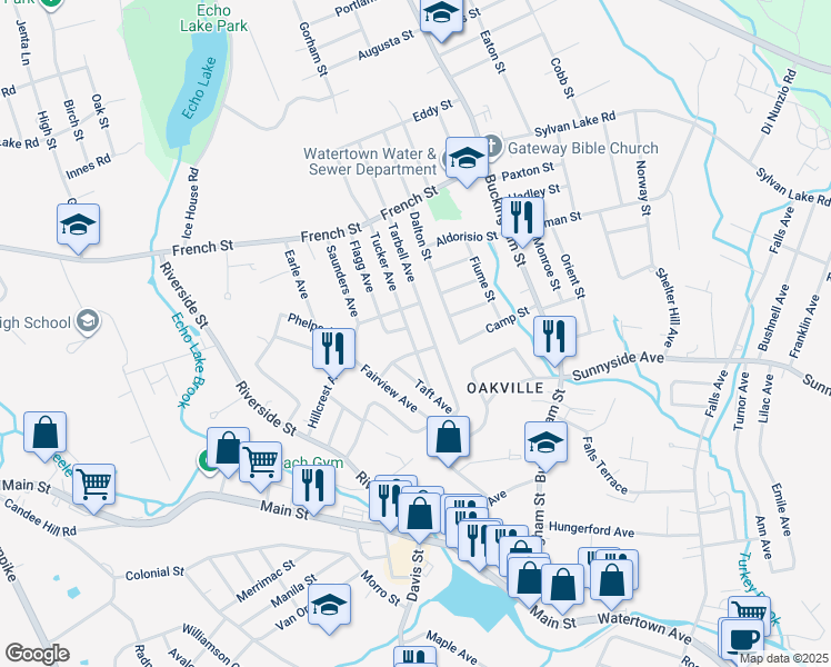 map of restaurants, bars, coffee shops, grocery stores, and more near 68 Tucker Avenue in Watertown