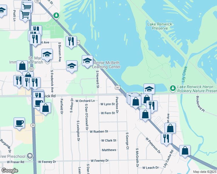 map of restaurants, bars, coffee shops, grocery stores, and more near 23114 West Lee Court in Plainfield