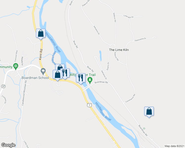 map of restaurants, bars, coffee shops, grocery stores, and more near 7 River Road in New Milford