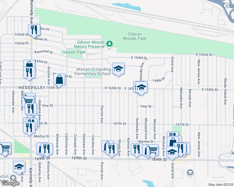 map of restaurants, bars, coffee shops, grocery stores, and more near 6514 Illinois Avenue in Hammond