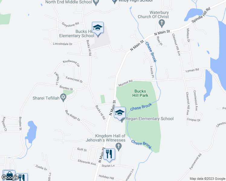 map of restaurants, bars, coffee shops, grocery stores, and more near 21 Lisa Court in Waterbury