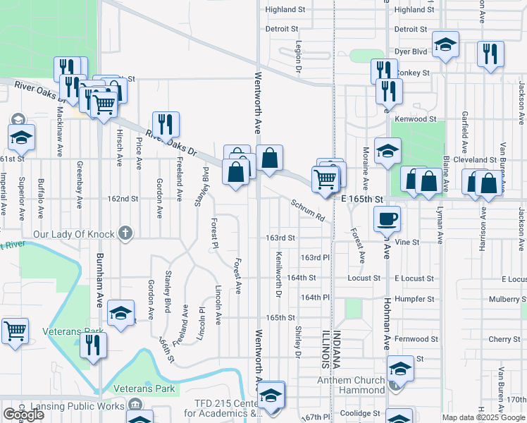 map of restaurants, bars, coffee shops, grocery stores, and more near 1365 Wentworth Avenue in Calumet City