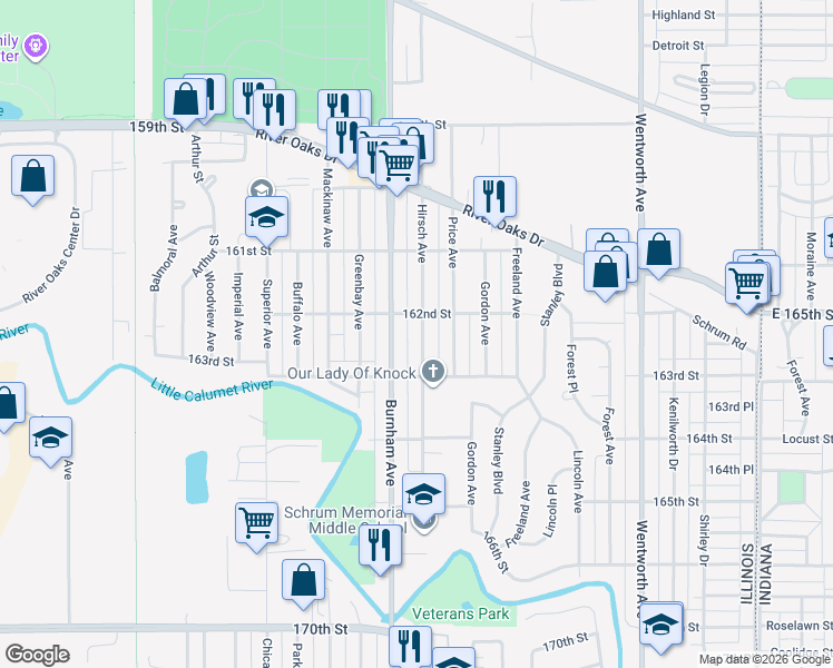 map of restaurants, bars, coffee shops, grocery stores, and more near 1362 Hirsch Avenue in Calumet City