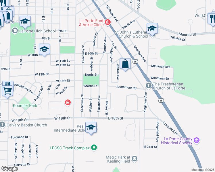 map of restaurants, bars, coffee shops, grocery stores, and more near 427 Southmoor Rd in La Porte