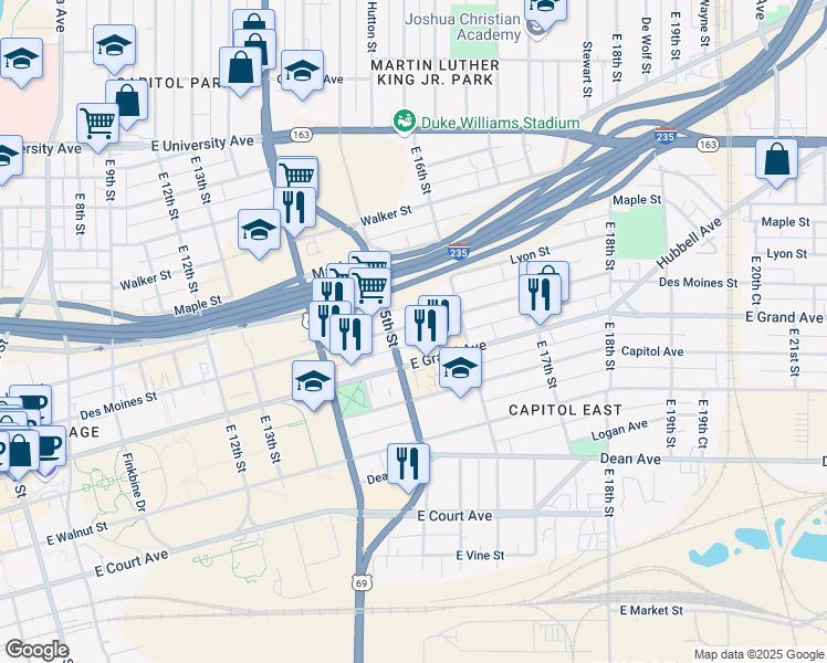 map of restaurants, bars, coffee shops, grocery stores, and more near 1501 Des Moines Street in Des Moines