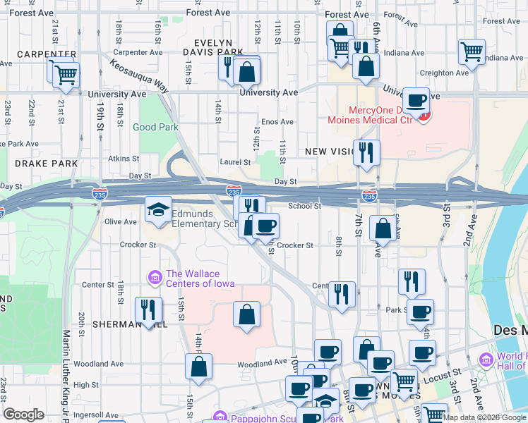 map of restaurants, bars, coffee shops, grocery stores, and more near 1212 School Street in Des Moines