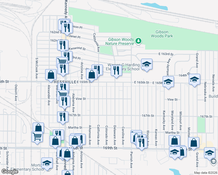 map of restaurants, bars, coffee shops, grocery stores, and more near 6511 Delaware Avenue in Hammond