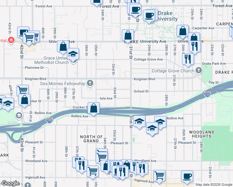 map of restaurants, bars, coffee shops, grocery stores, and more near 945 33rd Street in Des Moines
