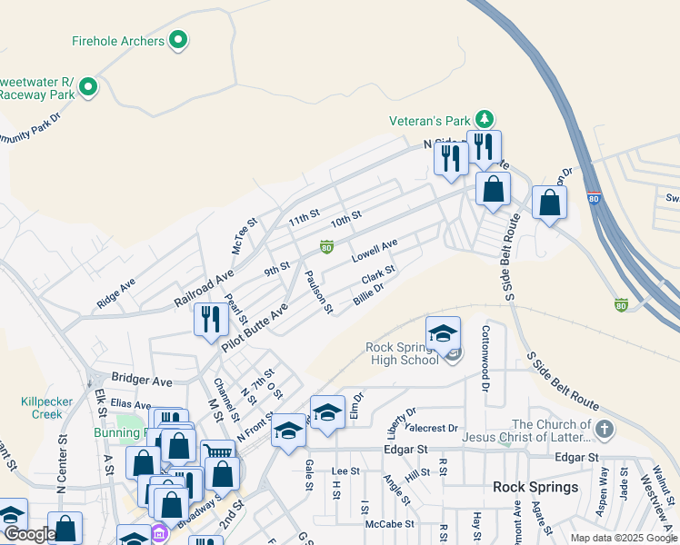 map of restaurants, bars, coffee shops, grocery stores, and more near 1224 Lowell Ave in Rock Springs