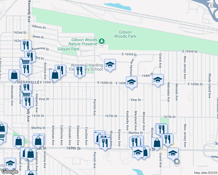 map of restaurants, bars, coffee shops, grocery stores, and more near 6514 Illinois Avenue in Hammond