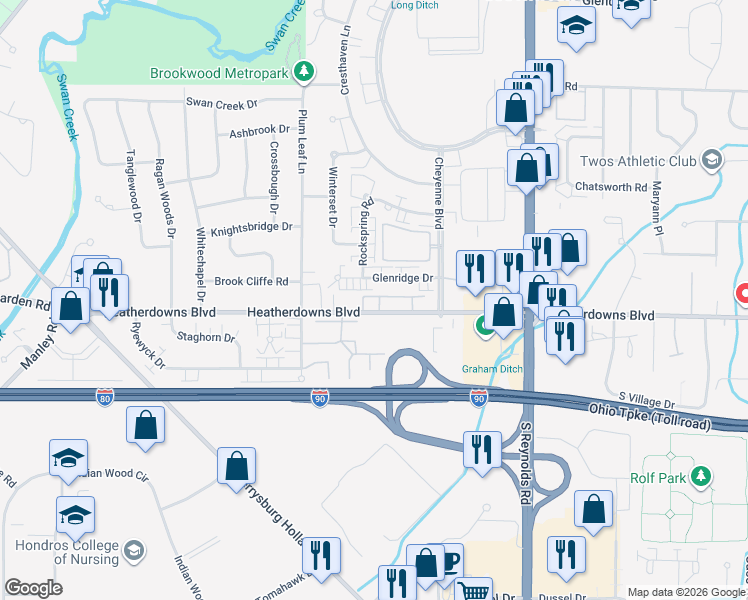 map of restaurants, bars, coffee shops, grocery stores, and more near 5464 Heatherdowns Boulevard in Toledo