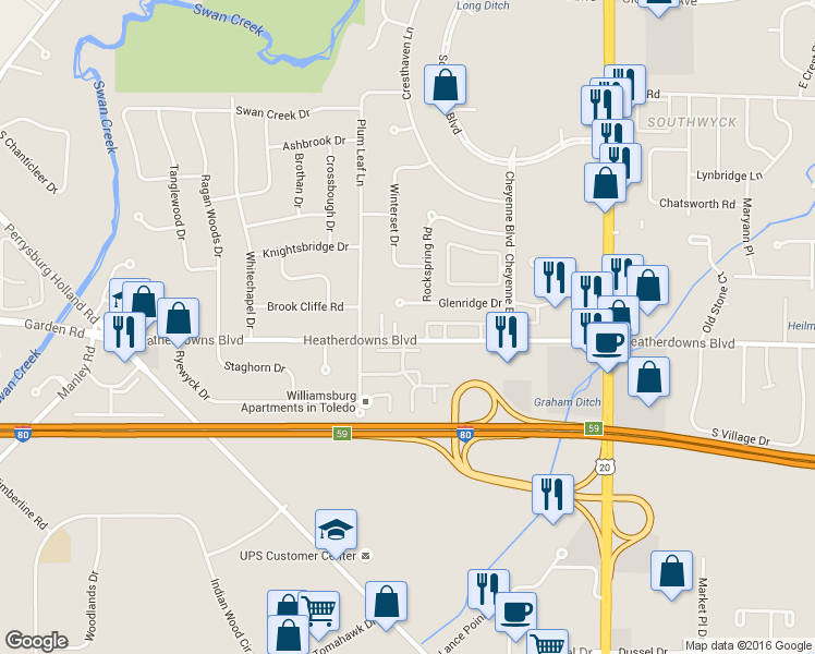 map of restaurants, bars, coffee shops, grocery stores, and more near 5520 Heatherdowns Boulevard in Toledo