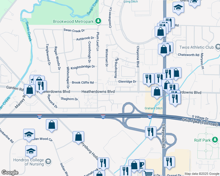 map of restaurants, bars, coffee shops, grocery stores, and more near 5520 Heatherdowns Boulevard in Toledo
