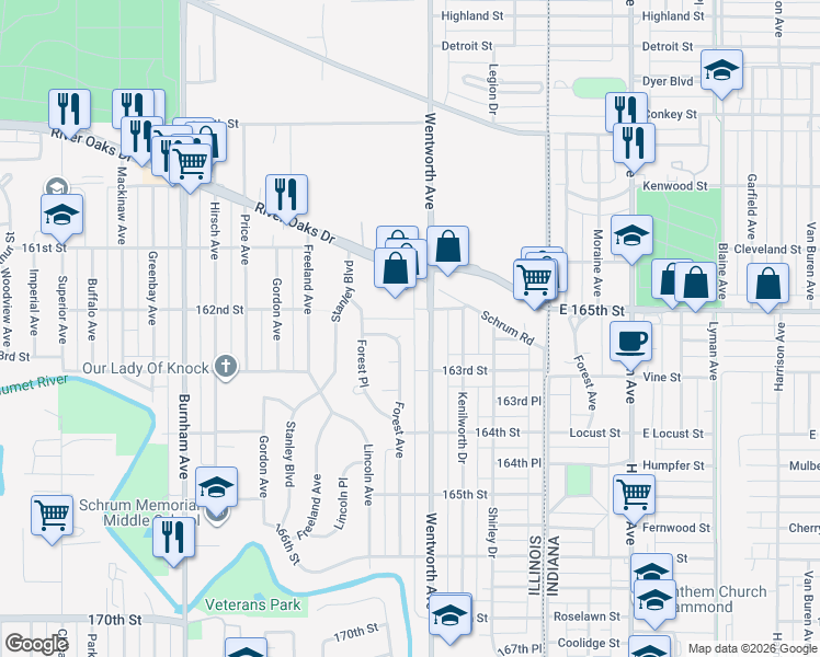 map of restaurants, bars, coffee shops, grocery stores, and more near 1369 Forest Avenue in Calumet City