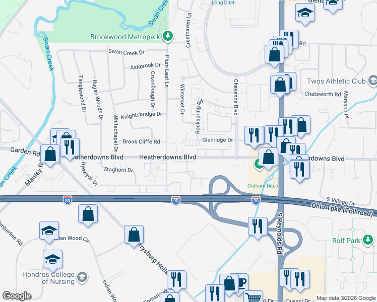 map of restaurants, bars, coffee shops, grocery stores, and more near 5520 Heatherdowns Boulevard in Toledo