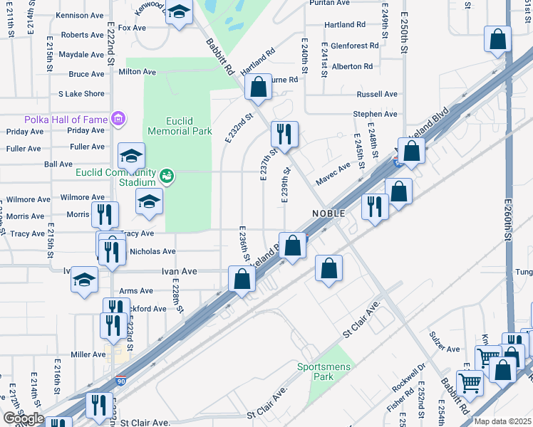 map of restaurants, bars, coffee shops, grocery stores, and more near 893 East 237th Street in Euclid