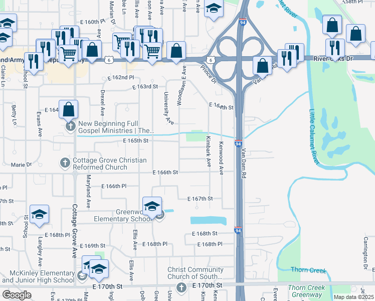 map of restaurants, bars, coffee shops, grocery stores, and more near 1201 East 165th Street in South Holland