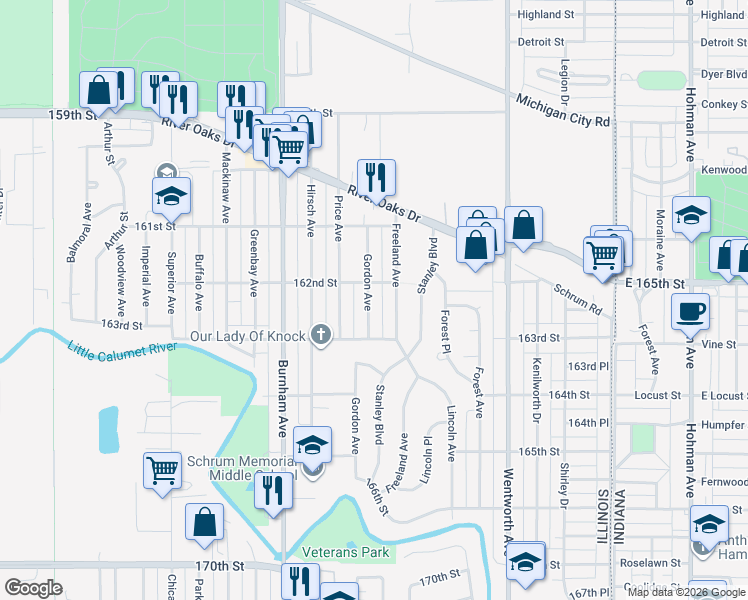map of restaurants, bars, coffee shops, grocery stores, and more near 1363 Gordon Avenue in Calumet City