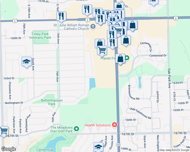 map of restaurants, bars, coffee shops, grocery stores, and more near 16243 Lake Villa Avenue in Tinley Park