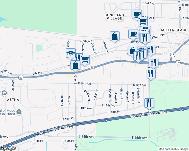 map of restaurants, bars, coffee shops, grocery stores, and more near 844 Dekalb Street in Gary