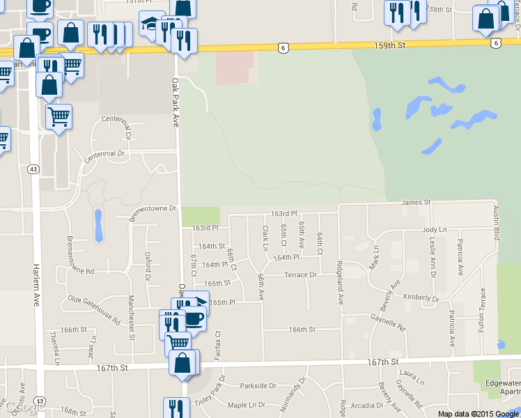 map of restaurants, bars, coffee shops, grocery stores, and more near 6548 163rd Place in Tinley Park
