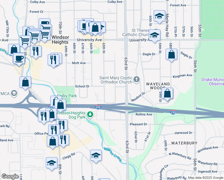 map of restaurants, bars, coffee shops, grocery stores, and more near 946 64th Street in Windsor Heights