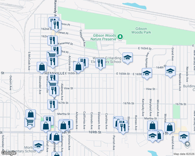 map of restaurants, bars, coffee shops, grocery stores, and more near 6511 Delaware Avenue in Hammond