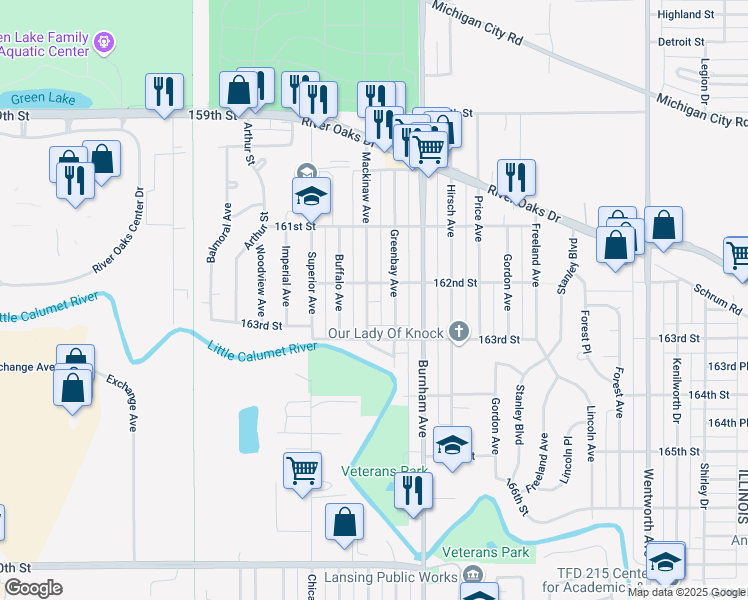 map of restaurants, bars, coffee shops, grocery stores, and more near 1361 Mackinaw Avenue in Calumet City