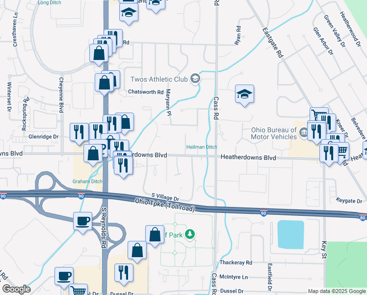 map of restaurants, bars, coffee shops, grocery stores, and more near 2444 Dublin Place in Toledo