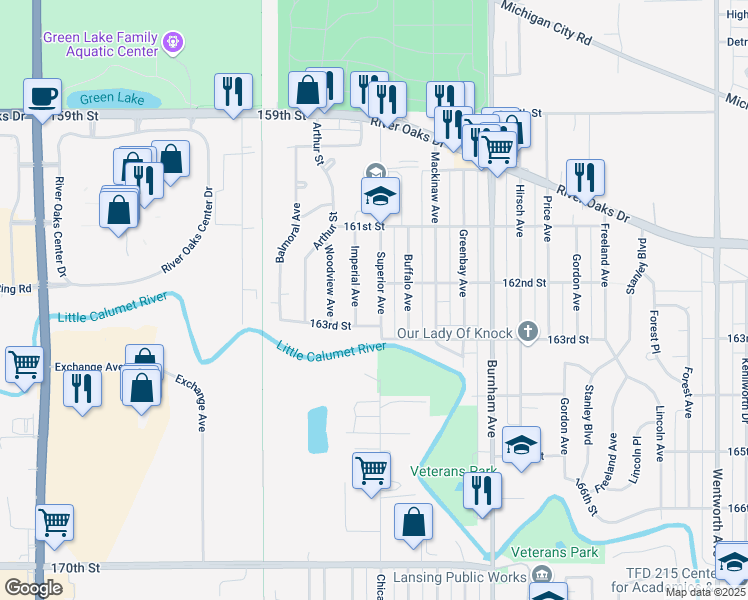 map of restaurants, bars, coffee shops, grocery stores, and more near 1376 Superior Avenue in Calumet City