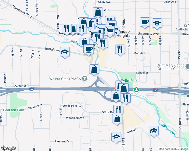 map of restaurants, bars, coffee shops, grocery stores, and more near 980 73rd Street in Windsor Heights