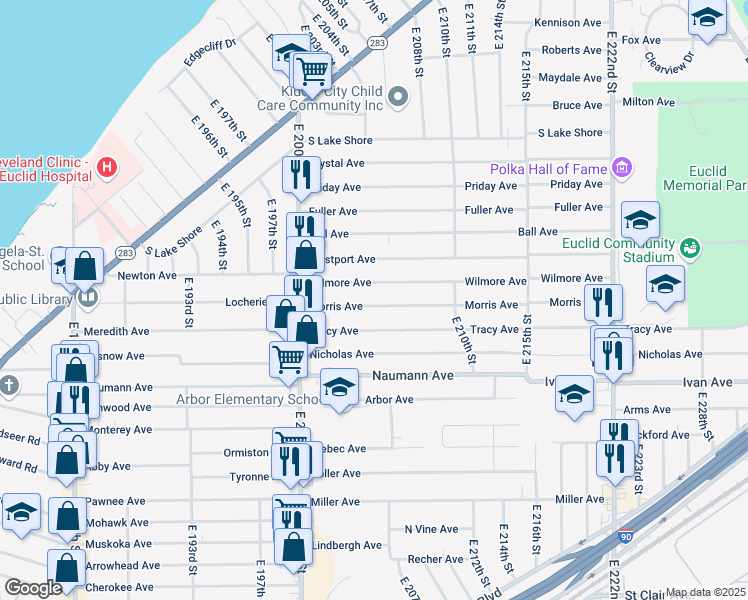map of restaurants, bars, coffee shops, grocery stores, and more near 20531 Morris Avenue in Euclid