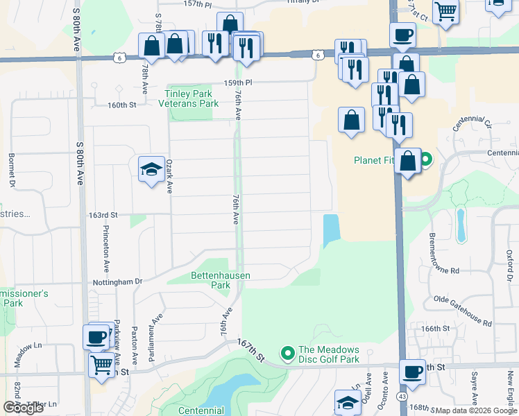 map of restaurants, bars, coffee shops, grocery stores, and more near 7528 163rd Street in Tinley Park