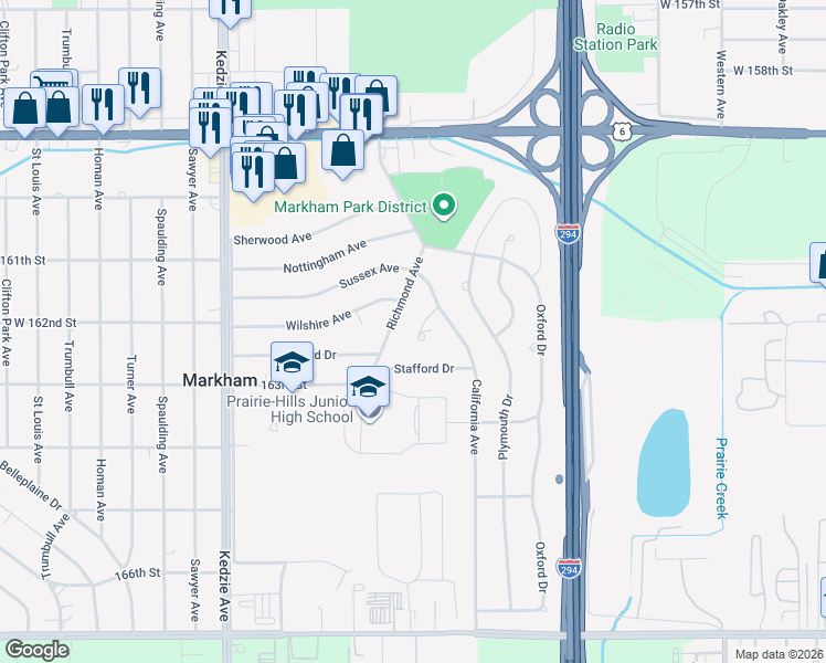 map of restaurants, bars, coffee shops, grocery stores, and more near 16218 Sussex Court in Markham